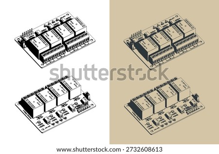 4 channel relay module board isometric stylized vector illustrations