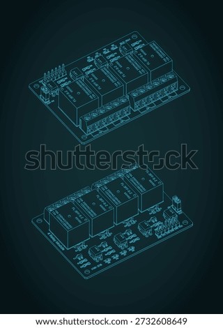 4 channel relay module board isometric blueprints stylized vector illustration