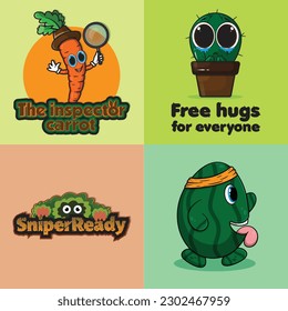 4 character illustrations: crying cactus, watermelon runner, sniper camouflage, and the cutest inspector carrot. 
