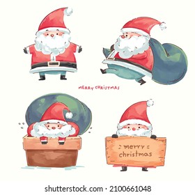 4 character set santa cutie for new year christmas day draw art water color sticker cute merry christmas hny happy new year , character doll minimal 01