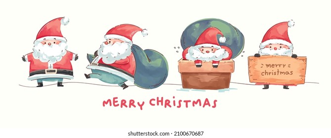 4 character set santa cutie for new year christmas day draw art water color sticker cute merry christmas hny happy new year , character doll minimal