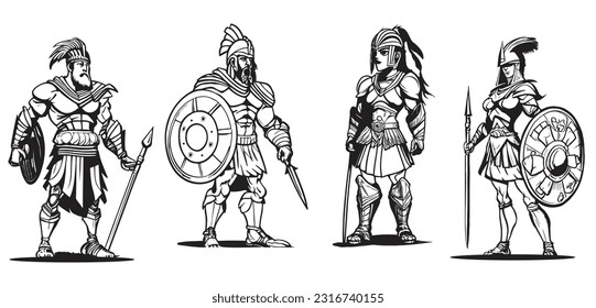 4 Characters Drawing for a medieval knight soldier warriors Spartans ink drawing vector ready for print vector art
