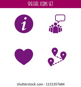 4 chat icons in vector set. distance, leader of a group with an empty speech bubble, like and info illustration for web and graphic design