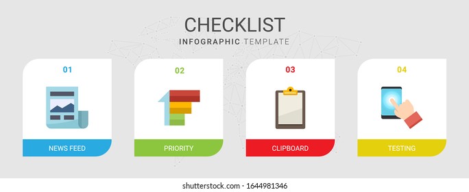 4 checklist flat icons set isolated on infographic template. Icons set with News Feed, Priority, Clipboard, testing icons.