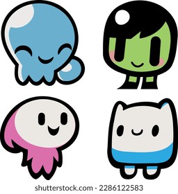 4 cheerful cute kawaii avatar icons over white