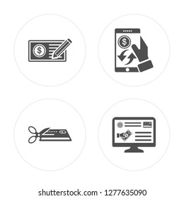 4 Cheque, Cut card, Payment method, Online shopping modern icons on round shapes, vector illustration, eps10, trendy icon set.