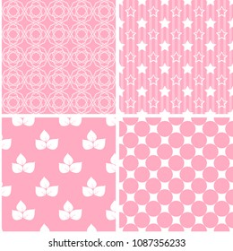 4 Chic different seamless patterns. Pink and white color.