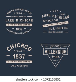 4 CHICAGO BADGE . CHICAGO, LAKE MICHIGAN, MILLENNIUM PARK, ILLINOIS set of badges for printing on t-shirts. The illustration uses a manual font. 