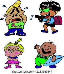 4 children in strange costumes on white background