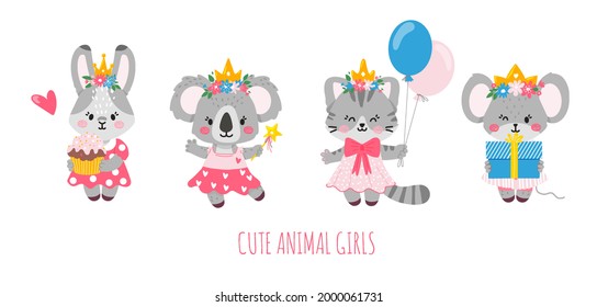 4 children's animal characters girls.Bunny holding a muffin,koala holding a magic wand,cat standing with balloons,mouse with a gift.The concept of children's party,invitations,posters,postcards.