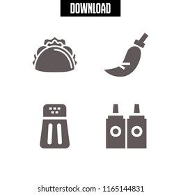 4 chili vector icon set with taco, chili pepper, sauces and pepper icons for mobile and web
