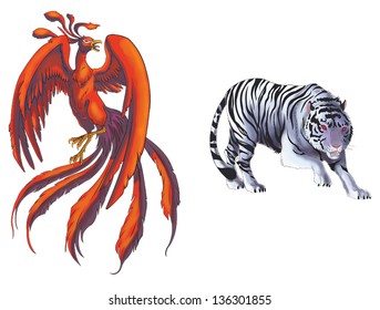 4 Chinese mythical creature gods (Shijin) set 1 - Tiger and Phoenix. Create by vector 