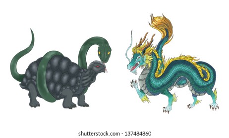 4 Chinese mythical creature gods (Shijin) set 2 - Turtle and Dragon. Create by vector 