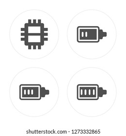 4 Chip, Battery Almost Full, Low Battery, Full modern icons on round shapes, vector illustration, eps10, trendy icon set.