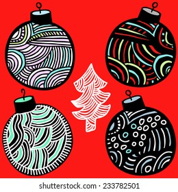 4 Christmas Balls and Christmas tree, Isolated On Red Background, Vector Illustration. Hand drawn. 
