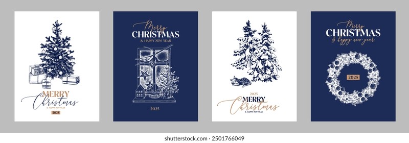 4 Christmas cards with hand drawn illustrations