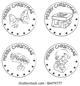 4 christmas coin stamps isolated on white with santa claus and merry christmas text, santa claus head,  present, pine branch and bow