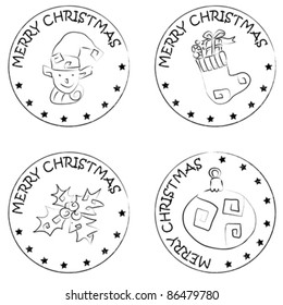 4 christmas coin stamps isolated on white with stars and merry christmas text, sock with gifts, globe, holly berry, elf