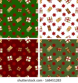 4 Christmas different color vector seamless patterns (tiling). Holiday background. Endless texture can be used for wallpaper