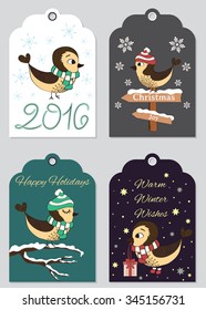 4 Christmas gift tags with hand drawn birds. Set of printable holiday label, ready to use. Collection of New Year and Christmas pattern. Merry Christmas, Happy New Year design, vector illustration