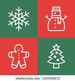 4 of Christmas icons set include of snow fake, snowman, christmas cookie and christmas tree. Simple design. Line vector. Isolate on red and green background.