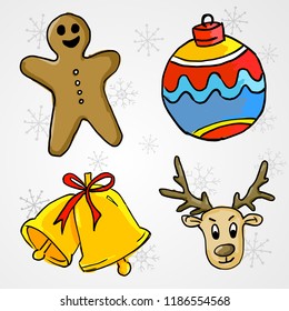 4 Christmas Ornament - Ginger Bread, Bauble, Bell and Deer