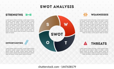 4 circle diagram. Four colorful elements with icons and place for text. Concept of SWOT analysis or strategic planning technique. Infographic design template. Vector illustration.