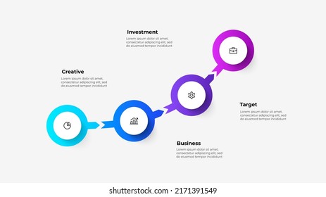 4 circles with arrows. Concept of four steps of business timeline. Creative infographic design template.