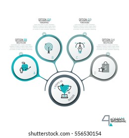 4 circular elements and pictograms in thin line style connected with main element and text boxes. Creative infographic design layout. Four steps to goal achievement. Vector illustration for report.