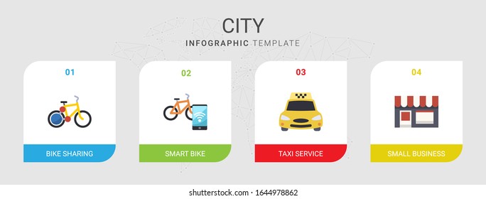 4 city flat icons set isolated on infographic template. Icons set with bike sharing, Smart bike, Taxi service, Small business icons.