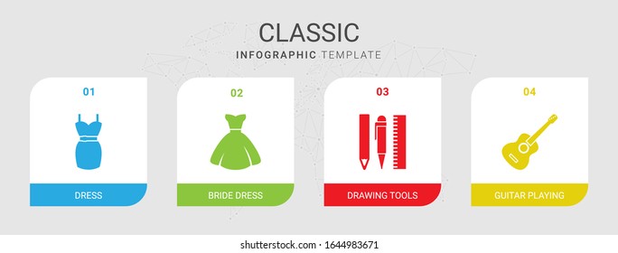 4 classic filled icons set isolated on infographic template. Icons set with dress, bride dress, Drawing tools, Guitar playing icons.