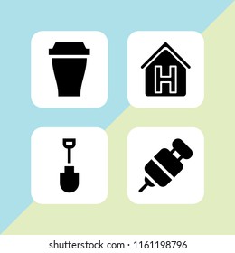 4 clean icons in vector set. hostel, shovel, drink and treatment illustration for web and graphic design