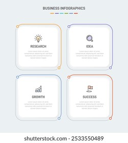 4 Plantilla de Elementos en forma de diseño infográfico limpio, que simboliza las cuatro etapas de la estrategia y la progresión empresarial. Barra de progreso o línea de tiempo. Vector para presentación, Sitio web o App.