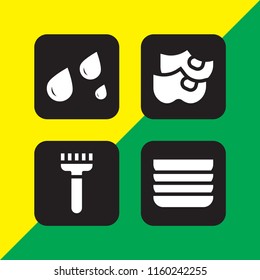 4 cleaning icons in vector set. rake, wet, clogs and dishes illustration for web and graphic design