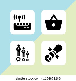 4 click icons in vector set. shopping basket button, human resources symbol, patent and wifi illustration for web and graphic design