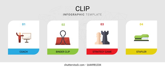 4 clip flat icons set isolated on infographic template. Icons set with coach, Binder clip, Strategy game, Stapler icons.