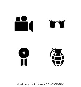 4 clip icons in vector set. badge, video camera, clothes hanging on rope for drying and hand grenade illustration for web and graphic design