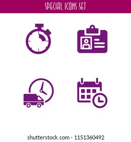 4 clock icons in vector set. logistics delivery truck and clock, calendar with a clock time tools, stopwatch and pass illustration for web and graphic design