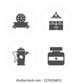 4 Clock, Kettle, Extractor hood, Coffee pot modern icons on round shapes, vector illustration, eps10, trendy icon set.