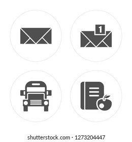 4 Closed envelope, School Bus, New email, Book and apple modern icons on round shapes, vector illustration, eps10, trendy icon set.