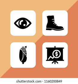 4 closeup icons in vector set. military boot, eye, corn and business and finance illustration for web and graphic design