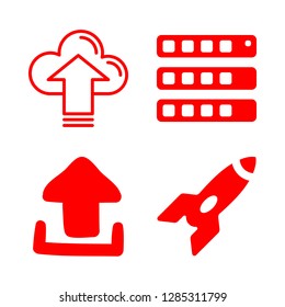 4 cloud icons with upload and three lines of levels lights squares in this set