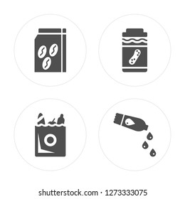 4 Coffee Bag, Groceries, Peanut Butter, Water Modern Icons On Round Shapes, Vector Illustration, Eps10, Trendy Icon Set.