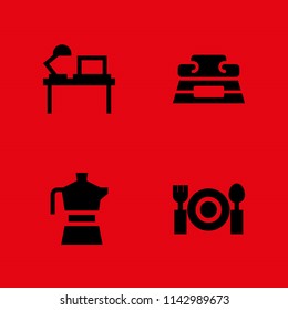 4 coffee icon set with full bowl, desktop and restaurant vector illustration for graphic design and web