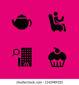 4 coffee icon set with teapot, hotel and muffin vector illustration for graphic design and web