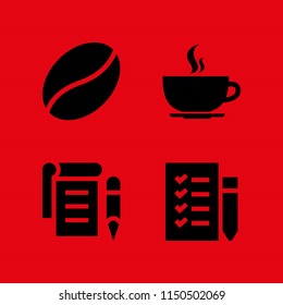 4 coffee icons in vector set. bean, checklist, notepad and hot coffee rounded cup on a plate from side view illustration for web and graphic design