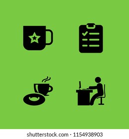 4 coffee icons in vector set. checklist, breakfast, man in office desk with computer and mug illustration for web and graphic design