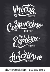 4 Coffee Quotes. Vector text. Set of vector inscriptions.Typography vector design for a coffee house. Design template celebration. Vector illustration.