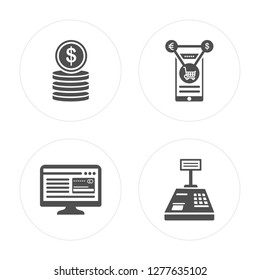 4 Coin, Web, Sharing, Cashier machine modern icons on round shapes, vector illustration, eps10, trendy icon set.