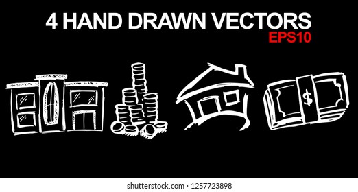 4 Collection of Hand Drawn Vector Illustration of Dollar Money Coin and House Home Building. Doodle, Sketch, Ink, Brush for Template, Icon, Logo.